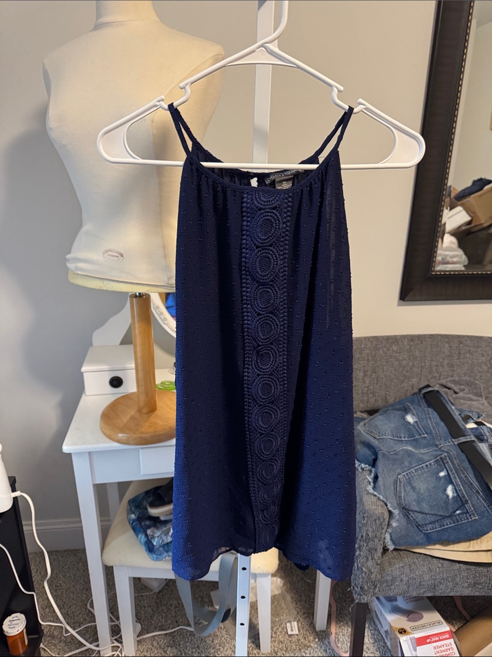 Chelsea & Theodore Navy Blue Crochet Detail Spaghetti Strap Top
